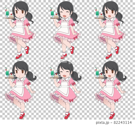 Waitresses with different facial expressions carrying cake sets 82243114