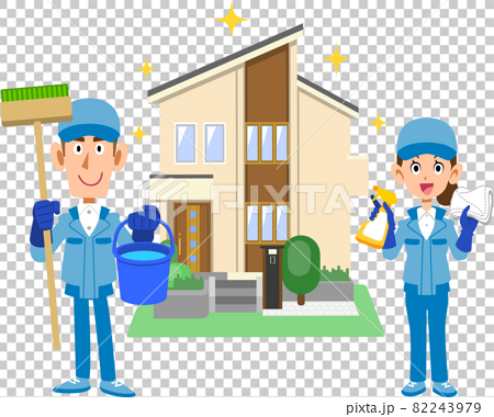 一軒家の前に立つ清掃用具を持つ作業着を着た男女 82243979