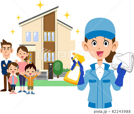 住宅の前に立つ家族と清掃用具を持つ作業着を着た女性 住宅の前に立つ家族と清掃用具を持つ作業着を着た女性 82243988