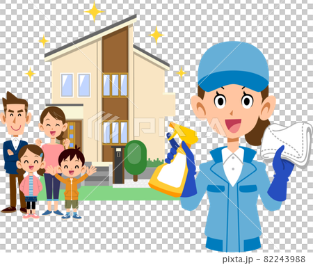 住宅の前に立つ家族と清掃用具を持つ作業着を着た女性 住宅の前に立つ家族と清掃用具を持つ作業着を着た女性 82243988