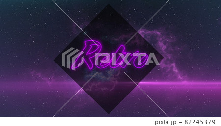 Image of neon Retro text in purple with purple clouds of smoke on night sky Image of neon Retro text in purple with purple clouds of smoke on night sky 82245379