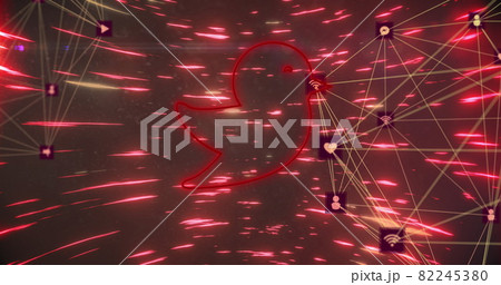 Bird icon and globe of network of icons against light trails Bird icon and globe of network of icons against light trails 82245380