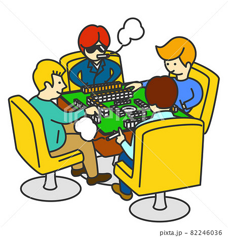 麻雀を楽しんでいる4人の若い男性のイラストのイラスト素材