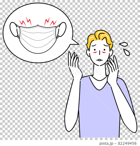 スキンケア マスクの着用が原因で顔に切り傷が出来てしまい困り顔の男性 イラスト シンプル ベクター 82249456
