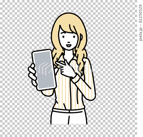 立ってスマートフォンを指差してこちらに向けて見せているブラウスの女性 82250329
