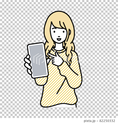 立ってスマートフォンを指差してこちらに向けて見せているリモートワークの女性 立ってスマートフォンを指差してこちらに向けて見せているリモートワークの女性 82250332