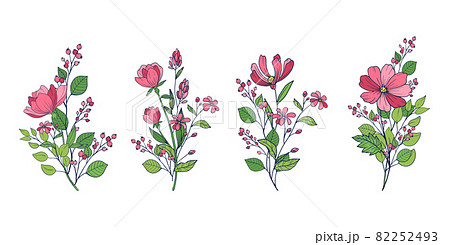 花のベクターイラスト 花の装飾的なデザイン素材 線画とピンクのイラスト素材