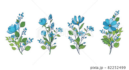 花のベクターイラスト 花の装飾的なデザイン素材 線画と青のイラスト素材
