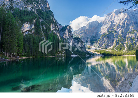 Pragser Wildsee or Lake Braies and Mountain Peak of Croda del Becco - Trentino Italy Pragser Wildsee or Lake Braies and Mountain Peak of Croda del Becco - Trentino Italy 82253269