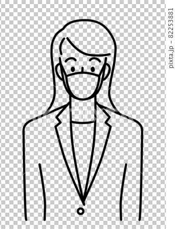 マスクを着けて、スーツを着た若い女性の上半身（線） 82253881