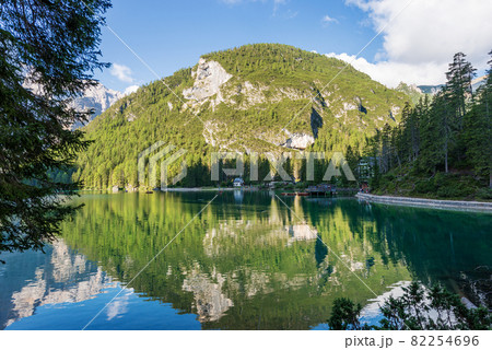 Pragser Wildsee or Lake Braies and Mountain Peak of Croda del Becco - Trentino Italy Pragser Wildsee or Lake Braies and Mountain Peak of Croda del Becco - Trentino Italy 82254696