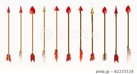 Set of arrows, gold and red tips with feathers 82255528
