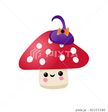 Autumn Halloween kawaii vector design with a cute mushroom in a witches hat. Illustration for kids, celebration, web, print, etc.  82255580