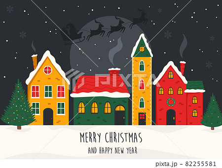 Holiday Christmas card with colorful buildings and Santa Claus with deers flying above the roof. 82255581