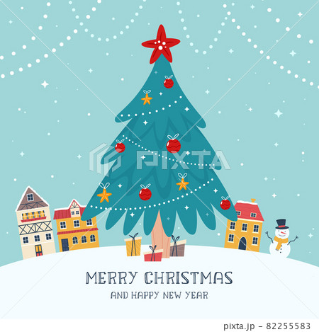 Colorful illustration of a Christmas tree, winter town and holiday presents. 82255583