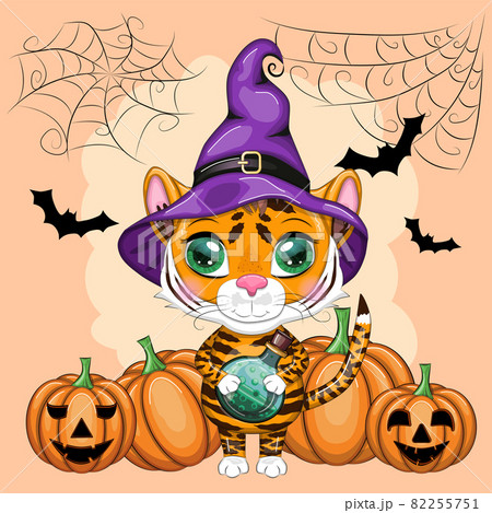 Cute cartoon tiger with beautiful eyes, orange in a purple witch's hat, with a broom and pumpkins. Halloween 2022. Cute cartoon tiger with beautiful eyes, orange in a purple witch's hat, with a broom and pumpkins. Halloween 2022. 82255751