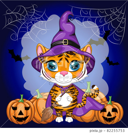 Cute cartoon tiger with beautiful eyes, orange in a purple cloak and witch's broom, with a broom and pumpkins. Halloween 2022. Cute cartoon tiger with beautiful eyes, orange in a purple cloak and witch's broom, with a broom and pumpkins. Halloween 2022. 82255753