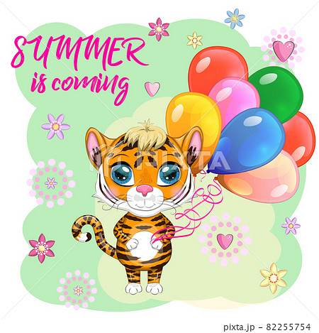 Cute cartoon tiger with beautiful eyes with balloons, greeting card. Summer is coming. Chinese New Year 2022, Christmas Cute cartoon tiger with beautiful eyes with balloons, greeting card. Summer is coming. Chinese New Year 2022, Christmas 82255754