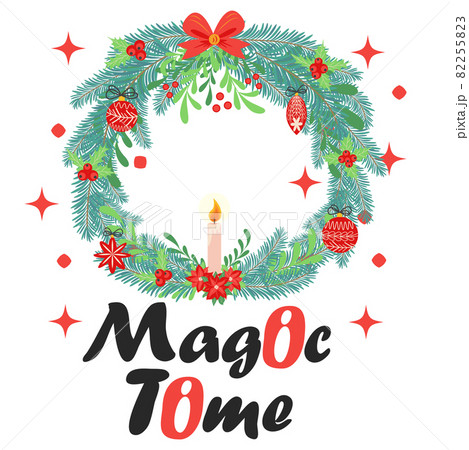 Christmas card with Wreath Made of Pine Branches, Berries, Christmas Flowers and other Festive Elements 82255823