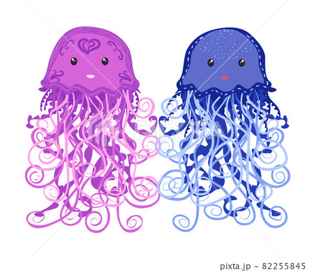 Pair of funny jellyfish hand drawn. Cute marine life, Scandinavian style, detailed. 82255845