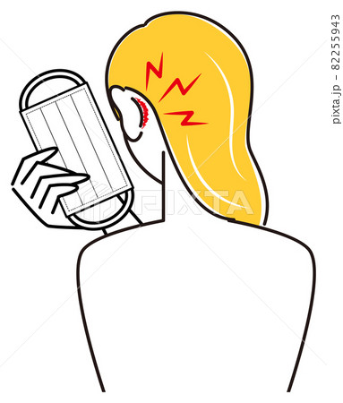 スキンケア マスクの着用が原因で耳の後ろ側が傷ついてしまい痛い女性 イラスト シンプル ベクター 82255943