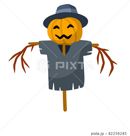 Scarecrow with a pumpkin head. A fabulous Halloween Character. Old clothes and a stick. Flat cartoon illustration. Funny bogeyman with hat 82256285