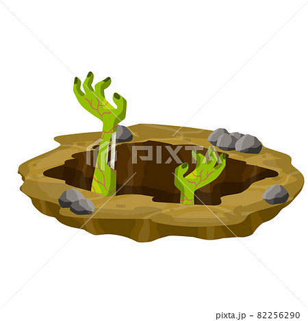 Grave. Hole in brown ground. Green hands of dead zombie. Element of Halloween. Bones and rotting corpse. Scary illustration. Flat cartoon 82256290