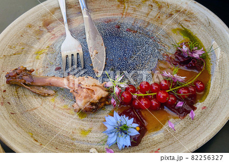 Dirty plate with fork and knife after eating. Dirty plate with fork and knife after eating. 82256327