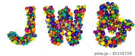 Multicolored letters J W. Funny 3D illustration. Glossy multicolored decorative balls text. Multicolored letters J W. Funny 3D illustration. Glossy multicolored decorative balls text. 82256729