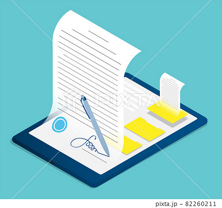 Isometric pen digitally writes signature on contract by tablet screen. Using digital sign for electronic documents. Realistic 3D vector isolated on background 82260211