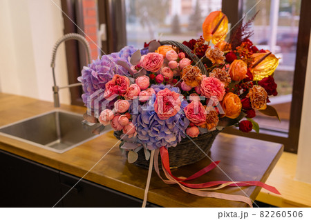 Close-up colorful spring bouquet with many different flowers jelly. Close-up colorful spring bouquet with many different flowers jelly. 82260506