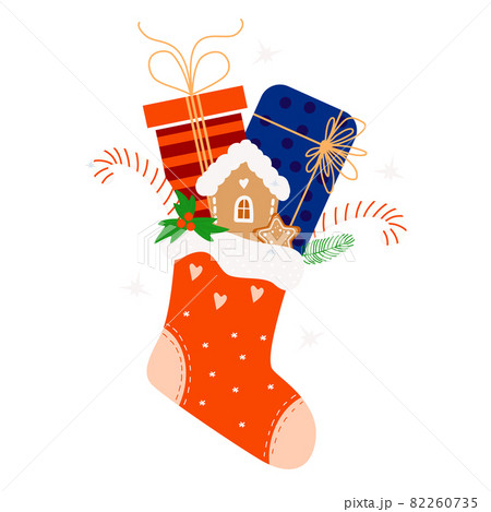 Red Christmas stocking with gifts. Gingerbread house and caramel striped candies with fir branches with New Years mistletoe. Vector illustration. For New Year greeting cards, congratulations, print. 82260735