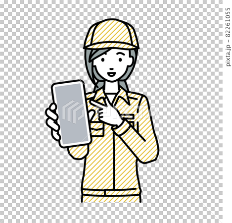 A female worker standing and pointing at her smartphone A female worker standing and pointing at her smartphone 82261055