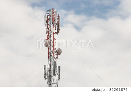 Mobile communication network communication tower with antens on the background of the sky 82261875