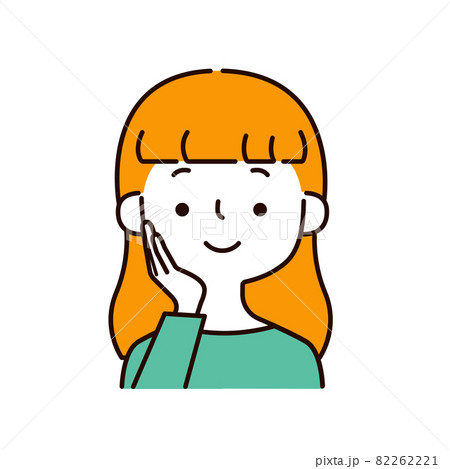 頬に手を添えた笑顔の女性のシンプルな上半身イラストアイコン 82262221