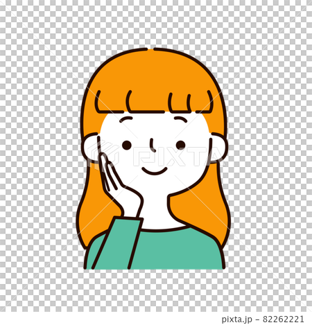 頬に手を添えた笑顔の女性のシンプルな上半身イラストアイコン 82262221