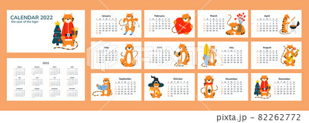 Horizontal calendar 2022. Happy New Year. Merry Christmas. Tiger year. Chinese horoscope. Vector isolated cartoon smiling tigers. Seasons sport love hobbies vacation holidays. Week starts on Sunday 82262772