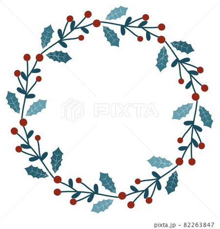 Round wreath with blue frosty leaves and red berries. 82263847