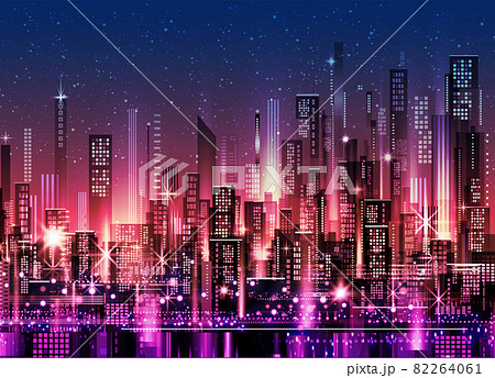 Urban skyline with downtown skyscrapers, glowing office buildings 82264061