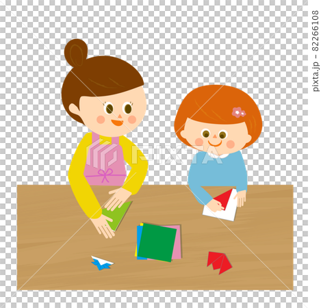 お母さんと折り紙を折る女の子のイラスト 82266108