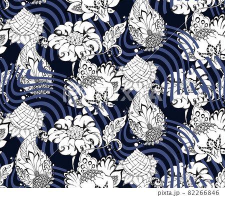 Seamless pattern. Flowers in a traditional oriental style. Black, White and Navi Blue. Seamless pattern. Flowers in a traditional oriental style. Black, White and Navi Blue. 82266846