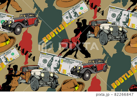 Seamless pattern. American dollar, tango, fedora hat, vintage cars and gangsters Seamless pattern. American dollar, tango, fedora hat, vintage cars and gangsters 82266847
