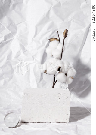Podium for packaging presentation and cosmetic. Product display with white concrete texture. White clean monochrome image 82267380