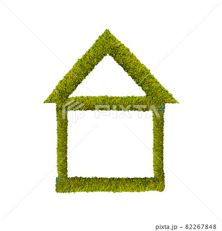 Colorfully green mossed and lichened wet forest tree symbolic house isolated at white background. Concept of ecofriendly sustainable living. 82267848