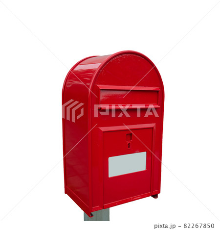 Big fancy red metal postbox with white empty note space for address isolated at white background. Concept of communication and post service. 82267850
