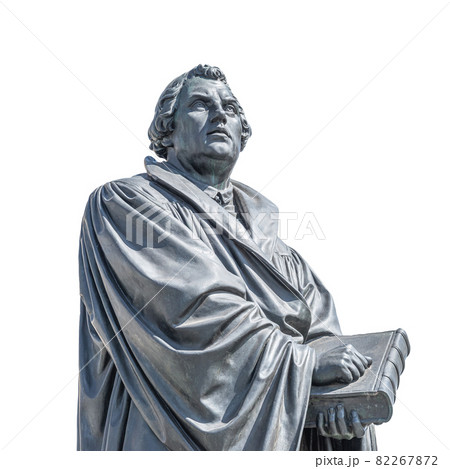 Monument of Martin Luther at Neumarkt square in downtown of Dresden, a theologist, composer, priest, who has started Reformation in Catholic Church, Germany, details. Isolated at white background. 82267872