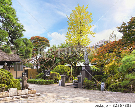 [東京・堀切] 多聞寺の中庭の紅葉と弘法大師に捧げられた平和観音像。 82267882