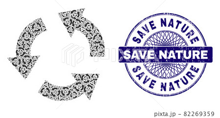 Recycle Recursion Collage of Recycle Items and Grunge Save Nature Round Guilloche Stamp 82269359