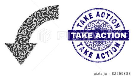 Rotate Down Fractal Collage of Rotate Down Items and Grunge Take Action Round Guilloche Seal 82269388