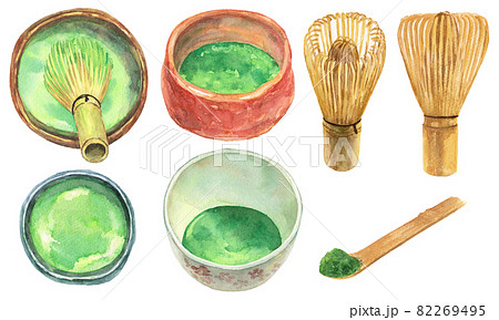 水彩抹茶の茶碗 茶筅 茶杓のイラスト素材